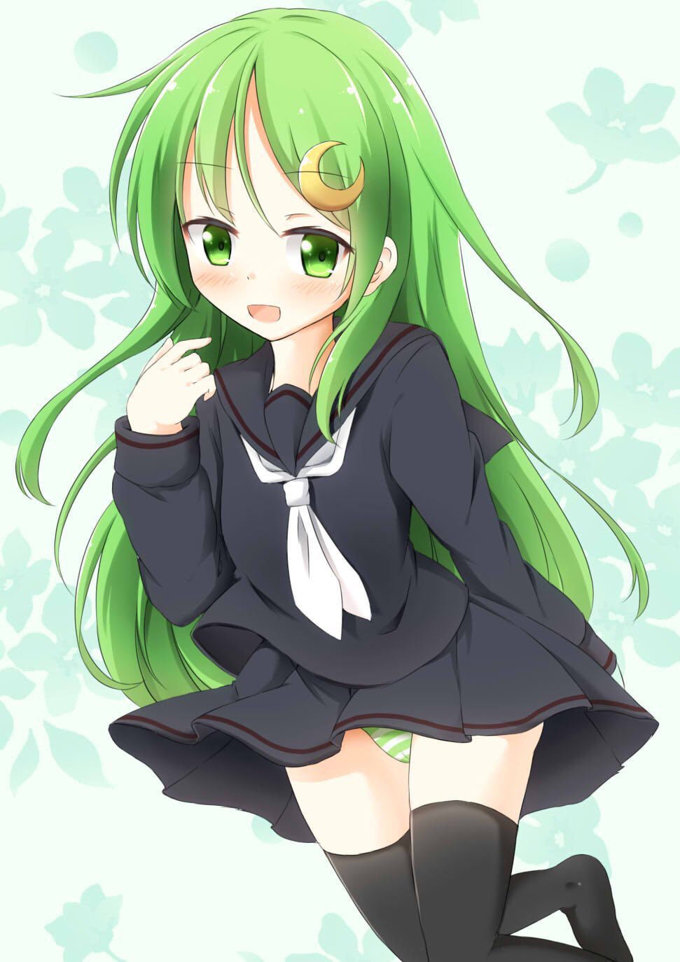 1girl, :d, black_legwear, black_serafuku, blouse, crescent, crescent_hair_ornament, eyebrows
