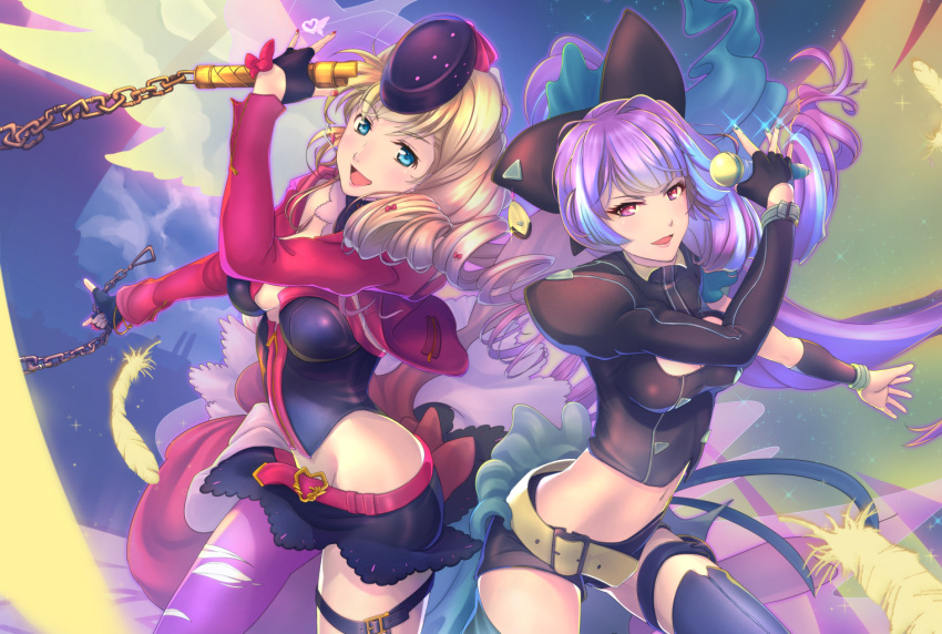 2girls, :d, asymmetrical_legwear, asymmetrical_sleeves, bangs, belt, belt_buckle, black_bow