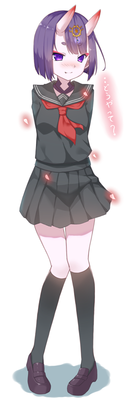 1girl, alternate_costume, arms_behind_back, black_legwear, black_serafuku, black_skirt, blush, bob_cut, breasts, fate/grand_order, fate_(series), full_body, hair_ornament, horns, jewelry, kneehighs, l4no, loafers, oni, oni_horns, pleated_skirt, purple_hair, school_uniform, serafuku, shoes, short_hair, shuten_douji_(fate/grand_order), simple_background, skirt, small_breasts, smile, solo, standing, thigh-highs, violet_eyes, white_background, zettai_ryouiki