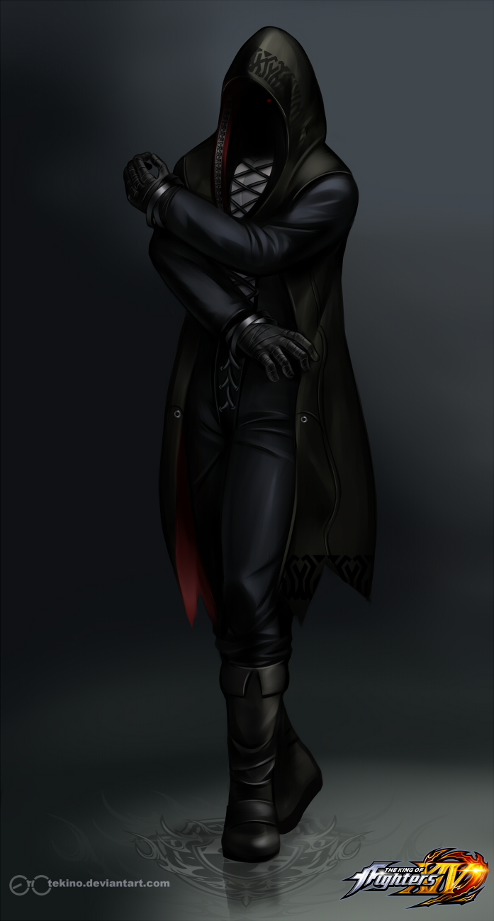 1boy, artist_name, bandage, boots, copyright_name, full_body, gloves, gradient, gradient_background, highres, hood, hoodie, kukri_(kof), male_focus, red_eyes, solo, tekino, the_king_of_fighters, the_king_of_fighters_xiv, watermark, web_address