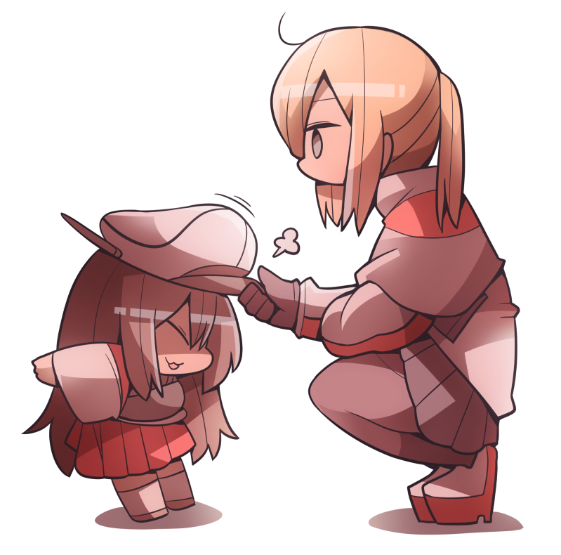 2girls, akagi_(kantai_collection), bangs, blonde_hair, brown_hair, capelet, chibi, closed_eyes