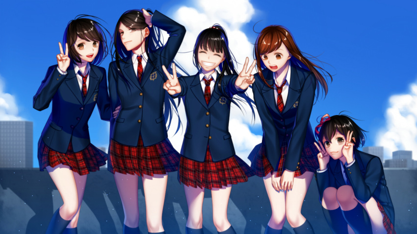 5girls, :3, :d, arkray, arm_holding, arm_up, bangs, blazer