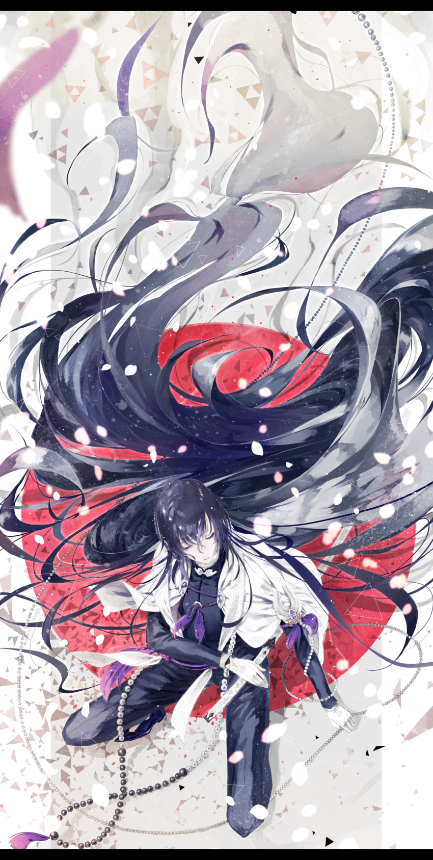 1boy, absurdly_long_hair, absurdres, aviquaimots, beads, black_hair, closed_eyes, from_above