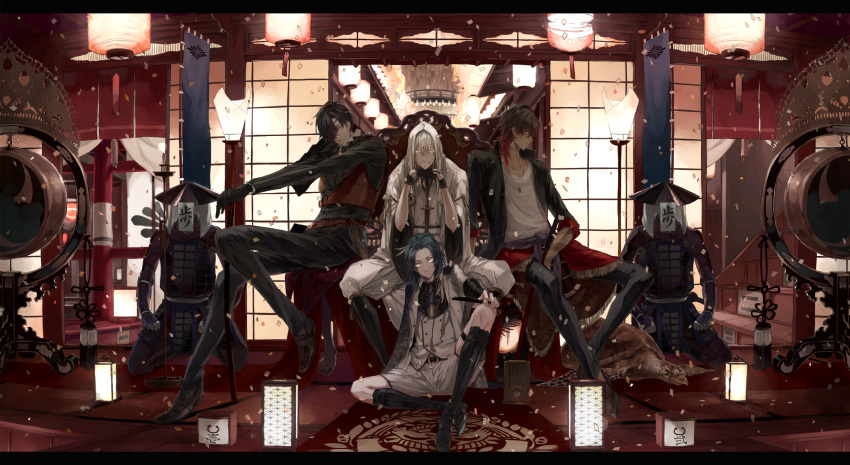 4boys, absurdres, armor, aviquaimots, black_gloves, black_hair, blue_hair, boots