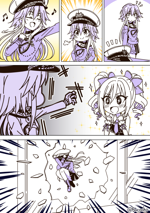 >:>, +_+, 2girls, :d, autodefenestration, blush, bococho, boots