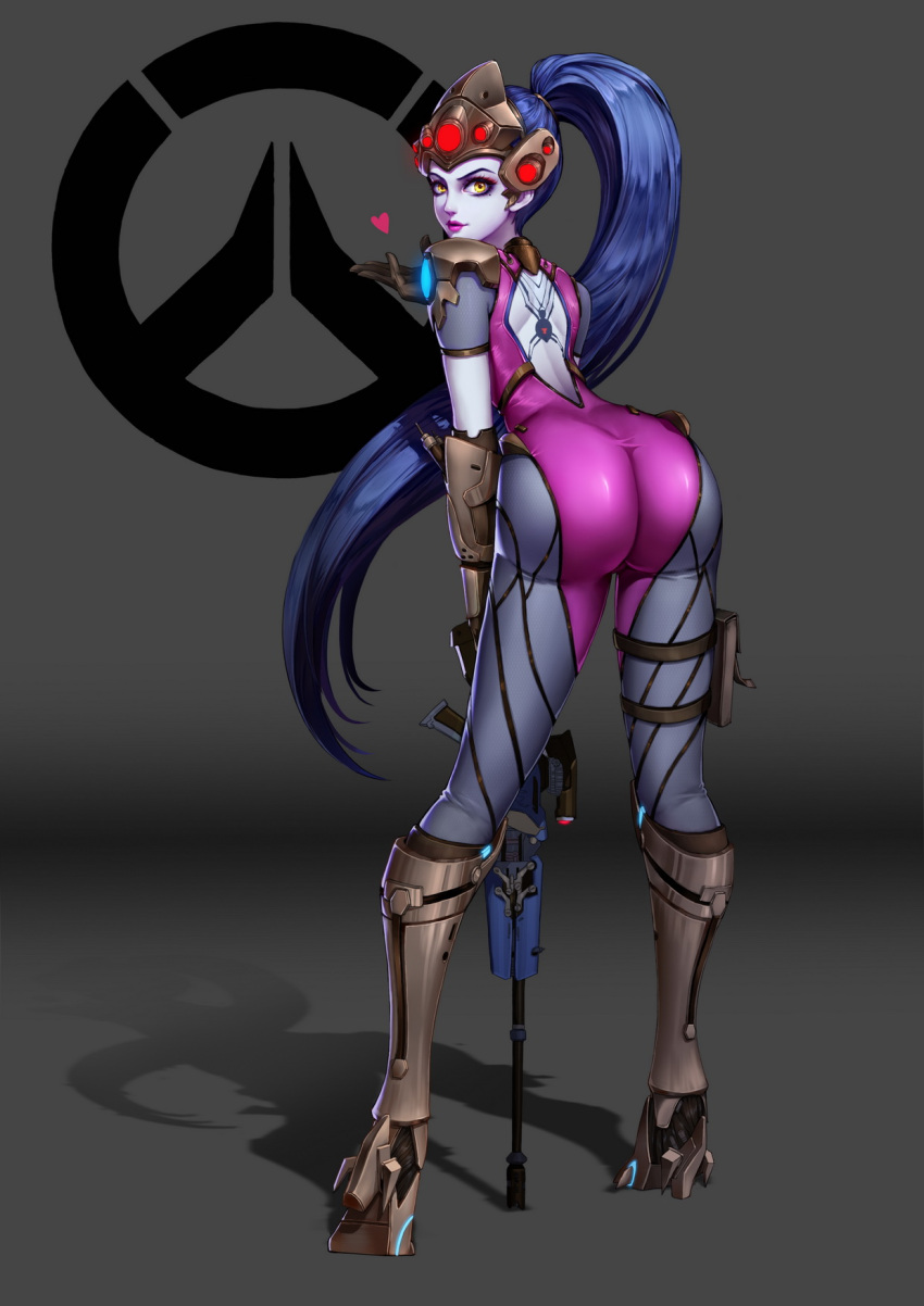 1girl, artist_request, ass, back, black_gloves, blown_kiss, blue_hair, bodysuit