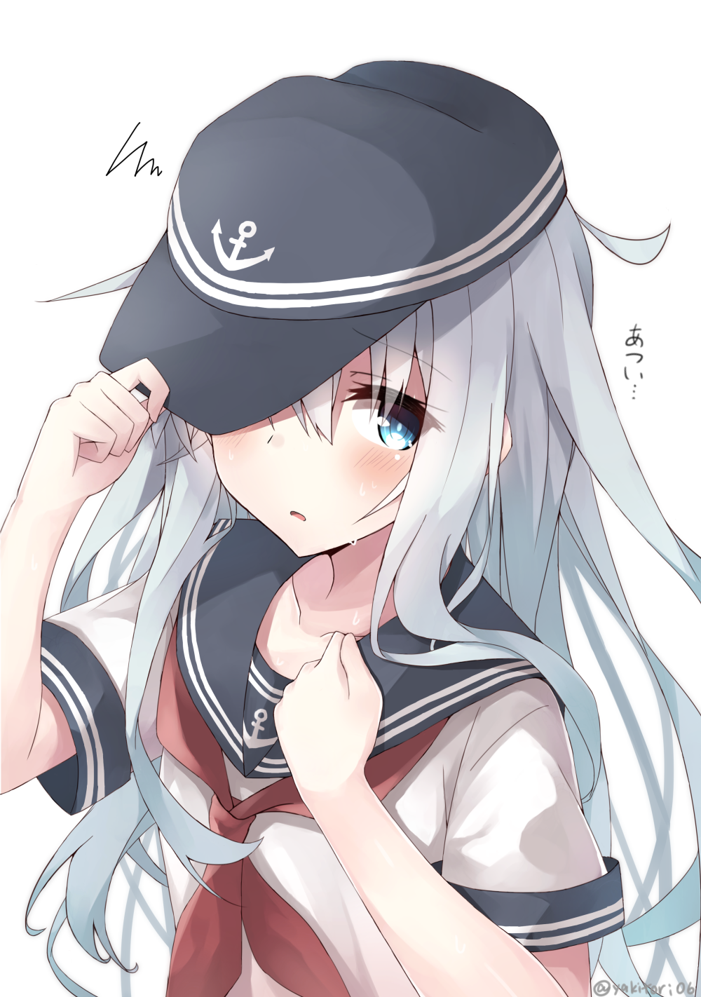 1girl, anchor_symbol, arm_up, bangs, blue_eyes, blue_hair, blush, collarbone