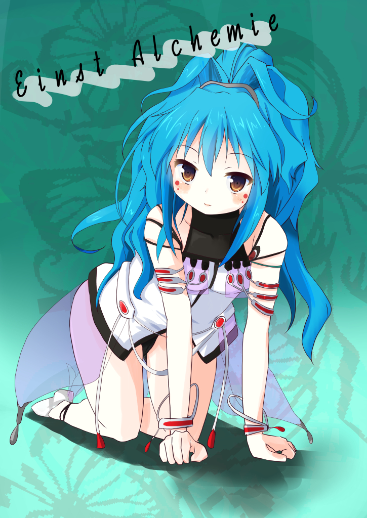 1girl, alfimi, all_fours, bare_legs, blue_hair, blush, brown_eyes, commentary_request