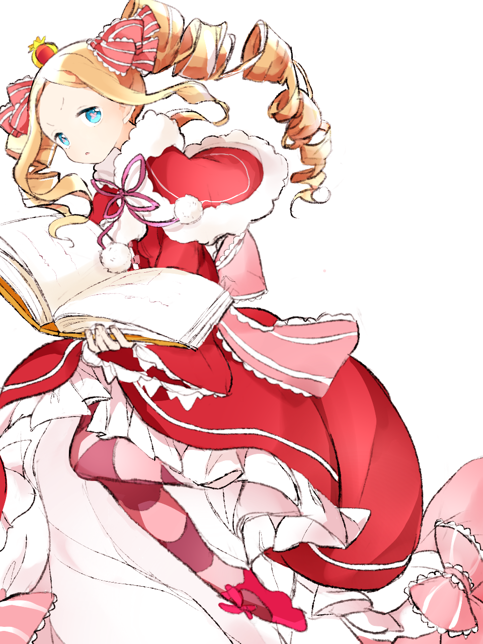1girl, beatrice_(re:zero), blonde_hair, blue_eyes, book, crown, dress, drill_hair