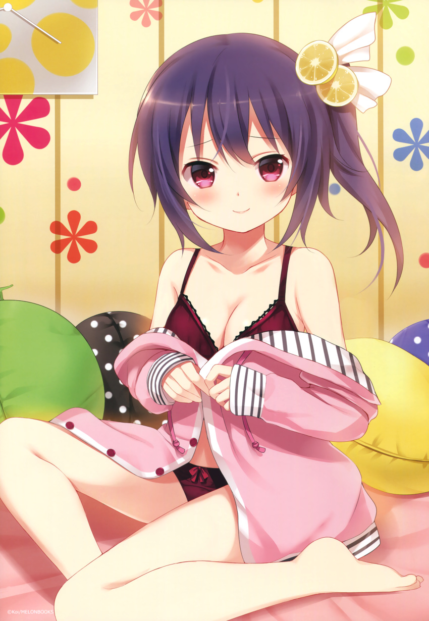 1girl, absurdres, artist_name, barefoot, black_bra, black_panties, blush, bow, bow_panties, bra, breasts, cleavage, closed_mouth, collarbone, company_name, cushion, food, food_themed_hair_ornament, fruit, hair_ornament, head_tilt, highres, jacket, koi_(koisan), lemon, lemon_hair_ornament, lemon_slice, looking_at_viewer, melonbooks, off_shoulder, original, own_hands_together, panties, pink_eyes, pink_jacket, purple_hair, shiny, shiny_hair, side_ponytail, sitting, sleeves_past_wrists, smile, solo, underwear, watermark