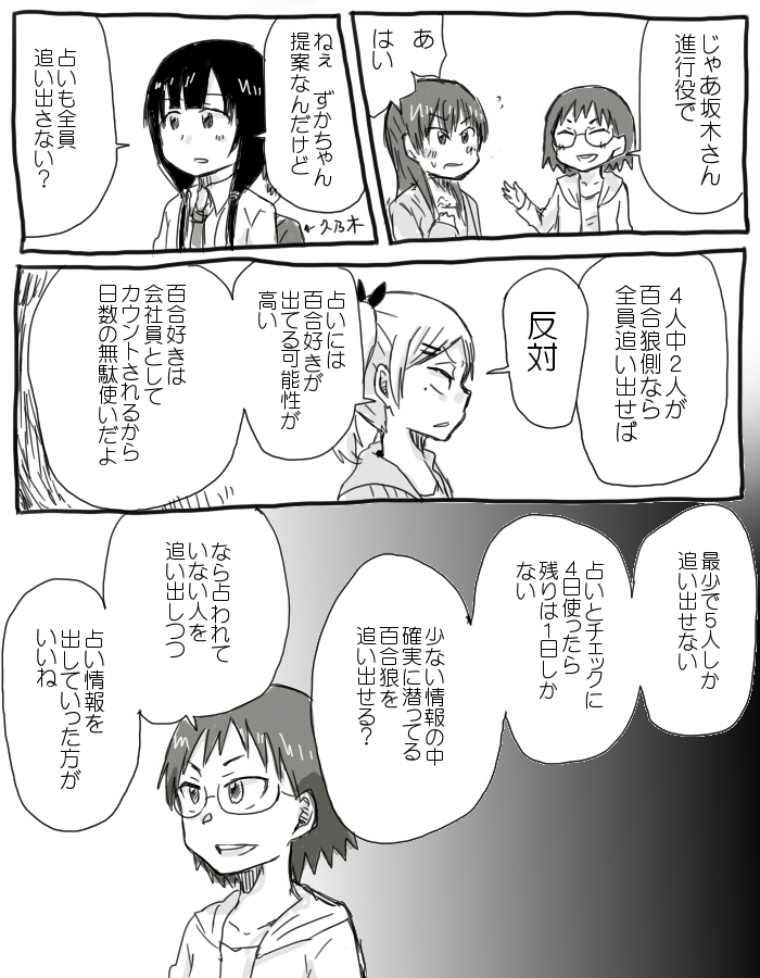 comic, gradient, gradient_background, iguchi_yumi, kiryuu_suruga, monochrome, sakaki_shizuka, shirobako