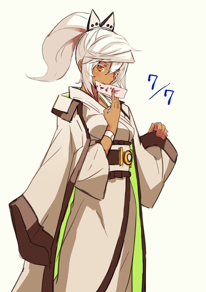 adapted_costume, alternate_costume, dark_skin, guilty_gear, guilty_gear_xrd, hair_ornament, japanese_clothes, kimono, mouth_hold, ponytail, ramlethal_valentine, razu_(rus), red_eyes, white_hair