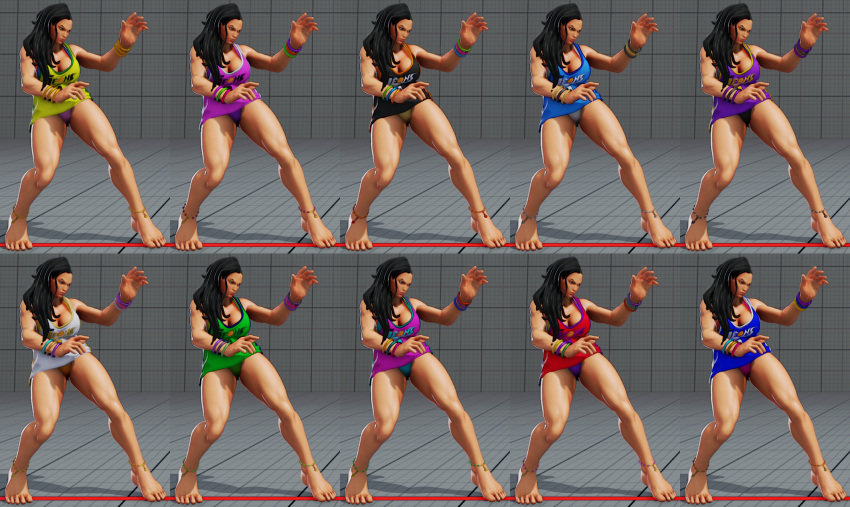1girl, 3d, alternate_color, alternate_costume, barefoot, bikini_under_clothes, black_hair, breasts