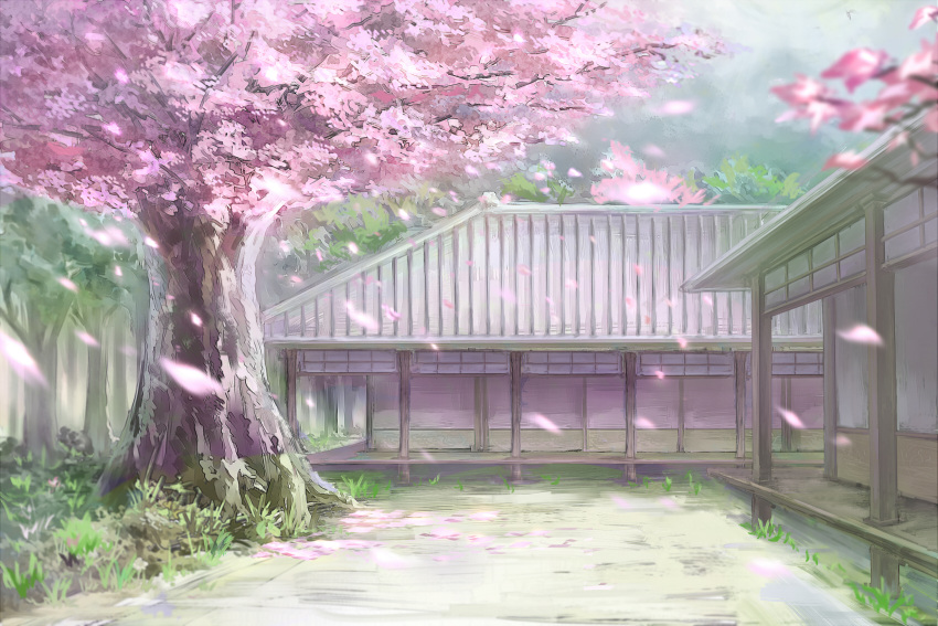 architecture, c.z., cherry_blossoms, east_asian_architecture, forest, grass, hakugyokurou, highres