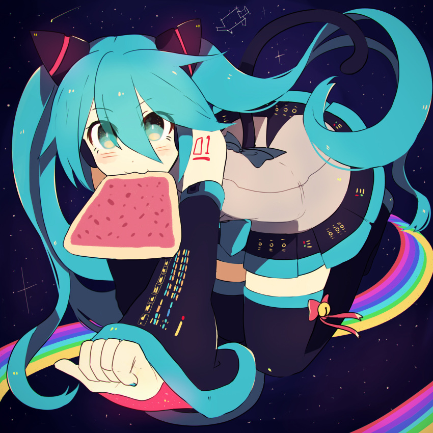 1girl, :3, absurdres, all_fours, artist_request, bell, black_legwear, blush, boots, cat_tail, constellation, detached_sleeves, full_body, green_eyes, green_hair, green_nails, hair_between_eyes, hair_ornament, hatsune_miku, highres, hikusa, jingle_bell, long_hair, looking_at_viewer, mouth_hold, nail_polish, number, nyan_cat, nyanyanyanyanyanyanya!_(vocaloid), pleated_skirt, pop_tart, rainbow, skirt, source_request, tail, thigh-highs, thigh_boots, twintails, very_long_hair, vocaloid