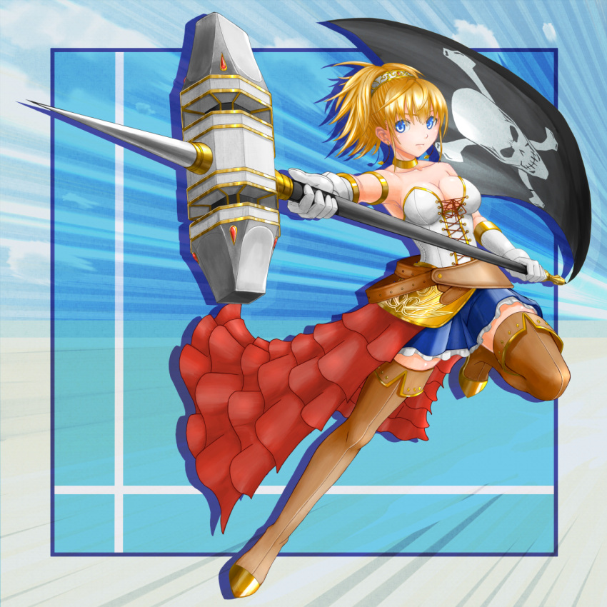 1girl, armor, blonde_hair, blue_eyes, jolly_roger, pirate_flag, princess_knight, shiny