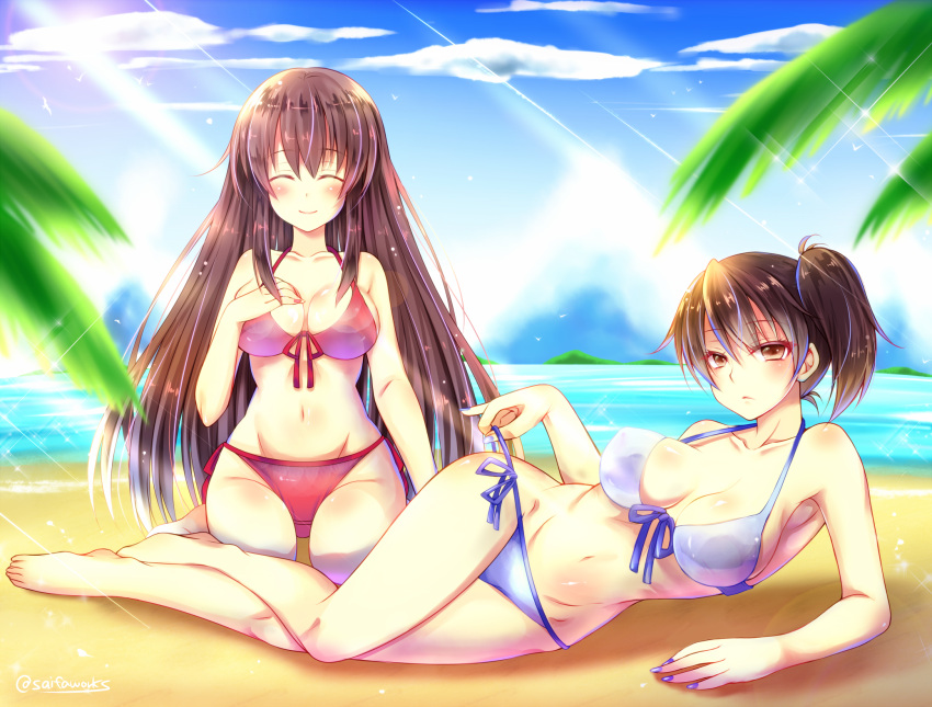 2girls, akagi_(kantai_collection), alternate_costume, arm_support, armpits, bare_arms, bare_legs, beach, bikini, blue_bikini, blurry, breasts, brown_eyes, brown_hair, cleavage, closed_eyes, clouds, cloudy_sky, collarbone, colored_eyelashes, depth_of_field, fingernails, front-tie_top, groin, highres, kaga_(kantai_collection), kantai_collection, kirise, long_hair, looking_at_viewer, lying, md5_mismatch, medium_breasts, midriff, multiple_girls, nail_polish, navel, on_side, outdoors, red_bikini, shiny, shiny_skin, short_hair, side-tie_bikini, side_ponytail, signature, sitting, sky, smile, swimsuit, thigh_gap, wide_hips