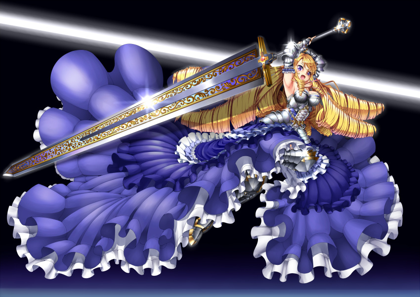 action_pose, armored_dress, blonde_hair, blue_eyes, drill_hair, gigantic_sword, princess_knight
