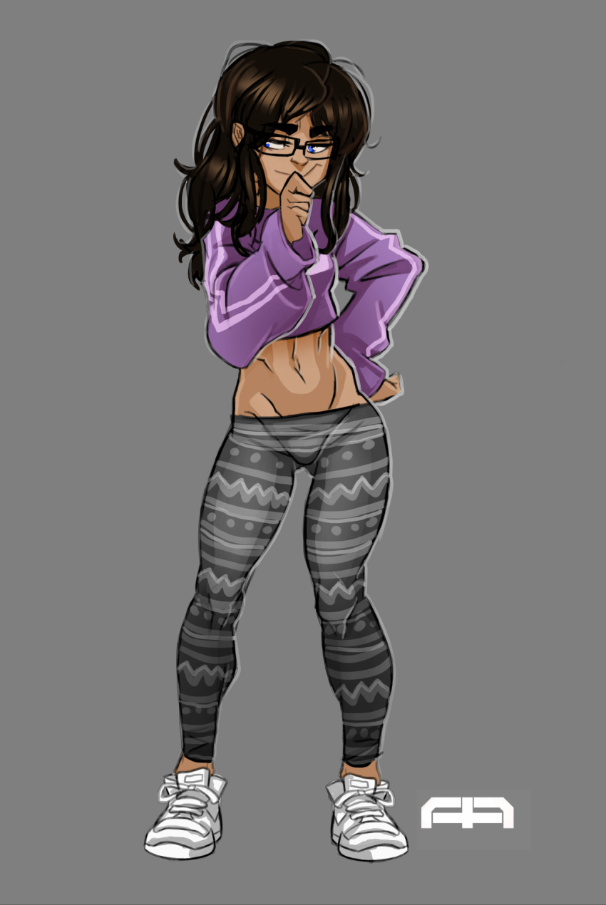 1girl, andava, black-framed_eyewear, black_hair, blue_eyes, borrowed_character, crop_top, dark_skin, ester_figueroa, eyebrows, full_body, gluteal_fold, grey_background, groin, hair_down, highres, leggings, long_hair, lowleg, messy_hair, midriff, mound_of_venus, navel, original, shoes, smile, sneakers, solo, thick_eyebrows