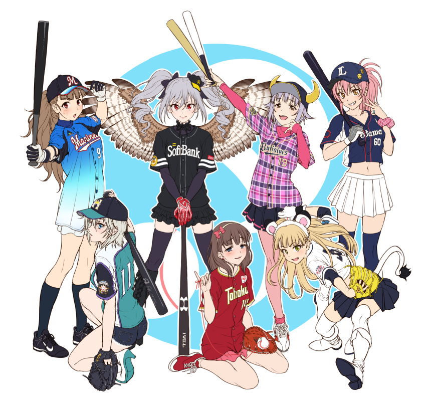6+girls, anastasia_(idolmaster), animal_ears, arm_up, baseball, baseball_bat, baseball_cap, baseball_glove