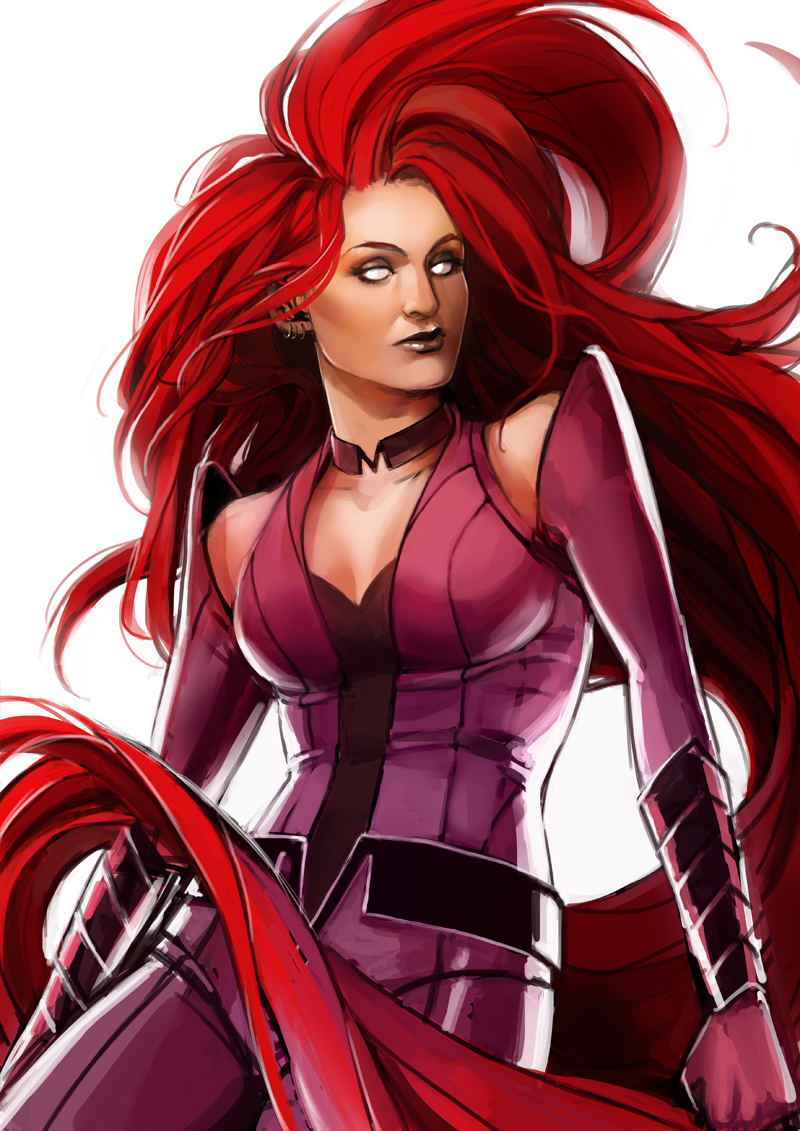 1girl, backlighting, bare_shoulders, belt, big_hair, breasts, choker, cleavage, clenched_hand, closed_mouth, cowboy_shot, earrings, elbow_gloves, eyeshadow, floating_hair, gloves, inhumans, jewelry, lipstick, long_hair, looking_at_viewer, makeup, marvel, medium_breasts, medusa_(marvel), no_pupils, purple_gloves, redhead, simple_background, solo, superhero, unitard, very_long_hair, vylla, white_background, white_eyes