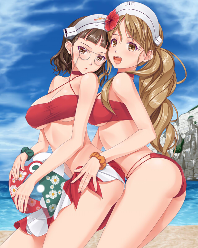 2girls, :d, :o, ass, ball, bangs, beachball, bikini, blue_sky, blunt_bangs, blush, breasts, brown_hair, choker, clouds, collarbone, colored_eyelashes, criss-cross_halter, day, drill_hair, floral_print, flower, hair_flower, hair_ornament, halter_top, halterneck, hand_on_another's_hip, hat, hibiscus, hobenkei, holding_ball, horizon, italia_(kantai_collection), kantai_collection, large_breasts, light_brown_hair, littorio_(kantai_collection), long_hair, looking_at_viewer, monocle, multiple_girls, open_mouth, outdoors, ponytail, red_bikini, roma_(kantai_collection), round_teeth, sarong, scrunchie, short_hair, sky, smile, standing, summer, swimsuit, teeth, thighs, transparent, under_boob, white_hat, wrist_scrunchie