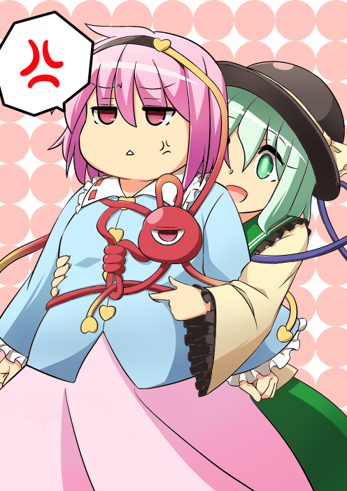2girls, :d, anger_vein, annoyed, belly_poke, belly_rub, blouse, breasts