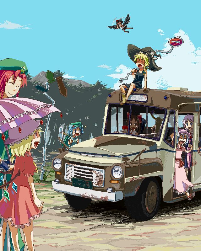flandre_scarlet, hakurei_reimu, hat, hong_meiling, izayoi_sakuya, kawashiro_nitori, kirisame_marisa, kuroda_(artist), kuroda_(pixiv260283), motor_vehicle, remilia_scarlet, road_sign, shameimaru_aya, sign, touhou, traffic_sign, vehicle, young