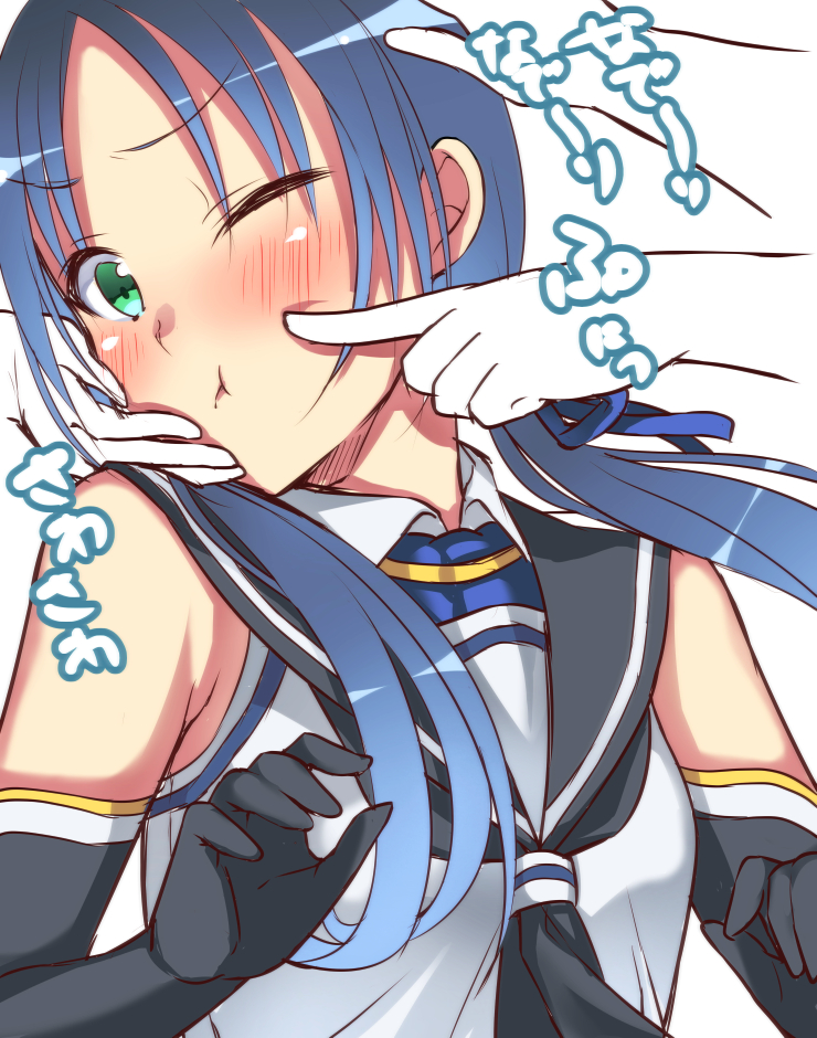 1girl, ;t, blue_hair, blush, cheek_poking, elbow_gloves, gloves, green_eyes