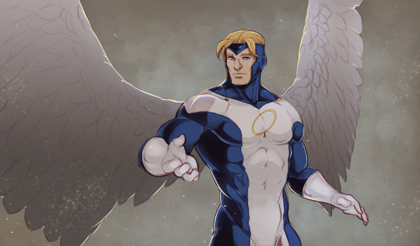 1boy, abs, angel_(x-men), artist_name, blonde_hair, blue_eyes, bodysuit, feathered_wings, feathers, gloves, marvel, solo, spandex_hero, wings, x-men