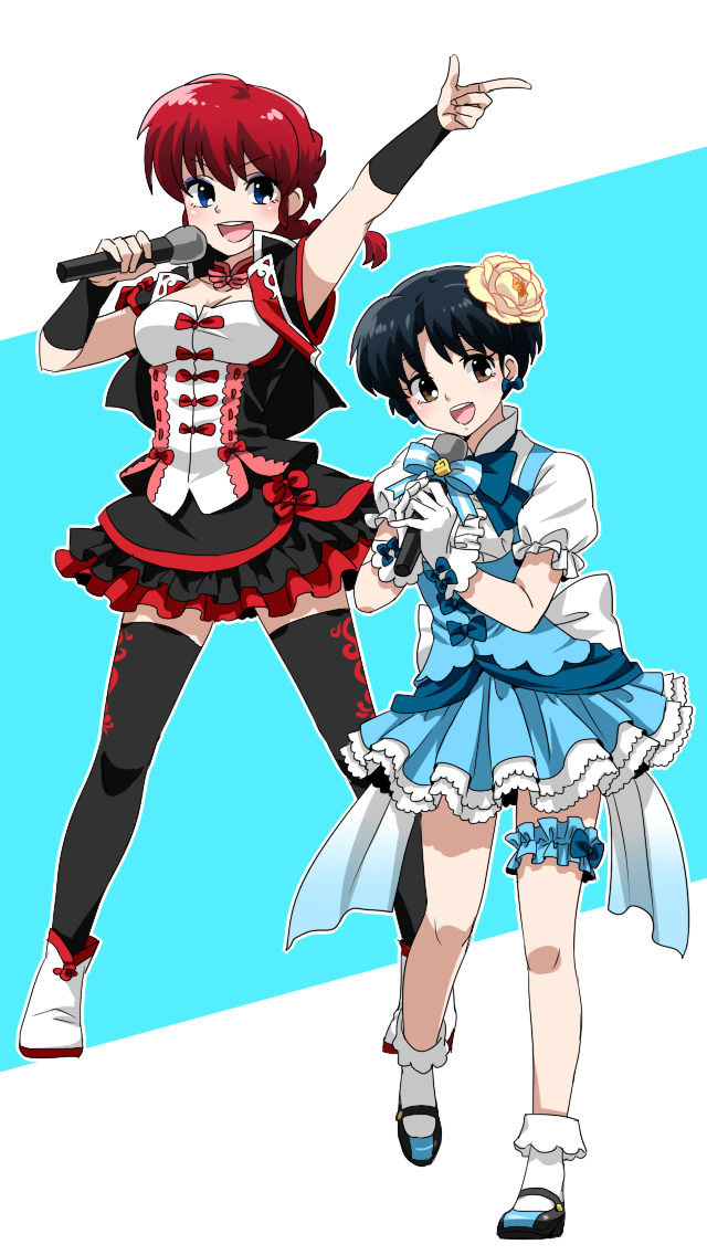 2girls, black_hair, black_legwear, blue_eyes, braid, breasts, brown_eyes, flower