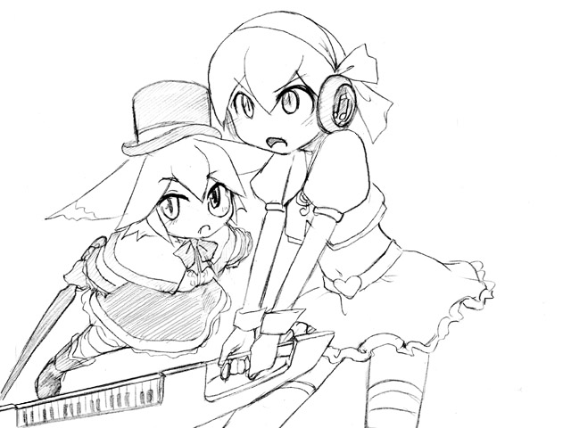 2girls, belt, camel_(dansen), chrono_(camel), headphones, heart, keytar, midriff