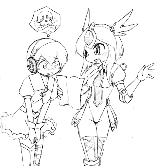 2girls, :d, camel_(dansen), female, headphones, heart, leotard, minarai_(milia_wars)