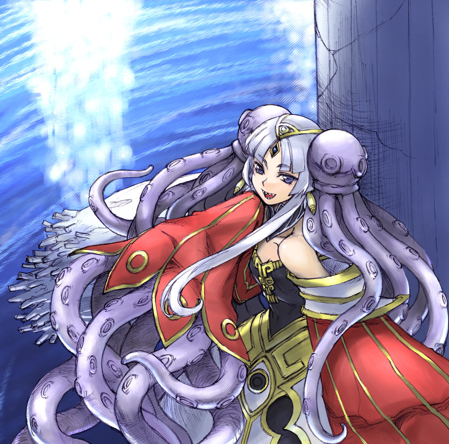 blue_eyes, culdcept, dress, endaness, kimuchi, long_hair, sharp_teeth, silver_hair
