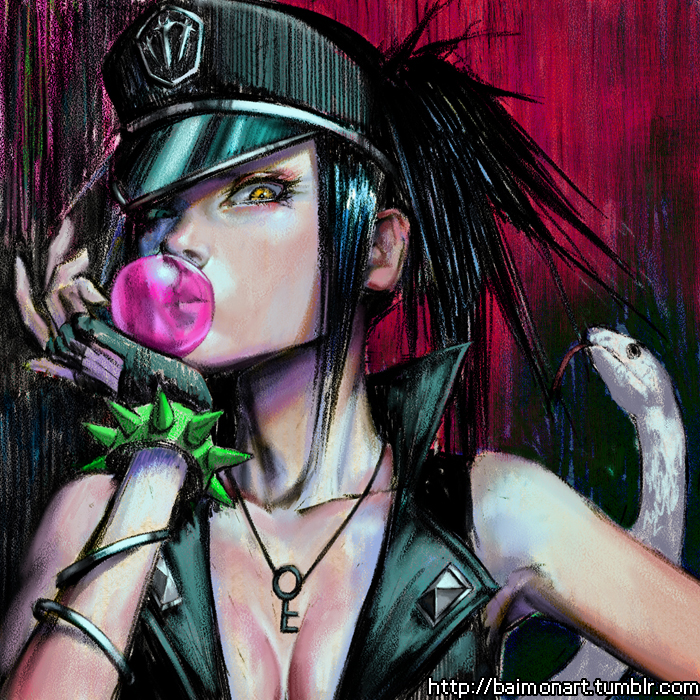1girl, baimon, bare_shoulders, beros, black_hair, blood_lad, blue_eyes, bracelet