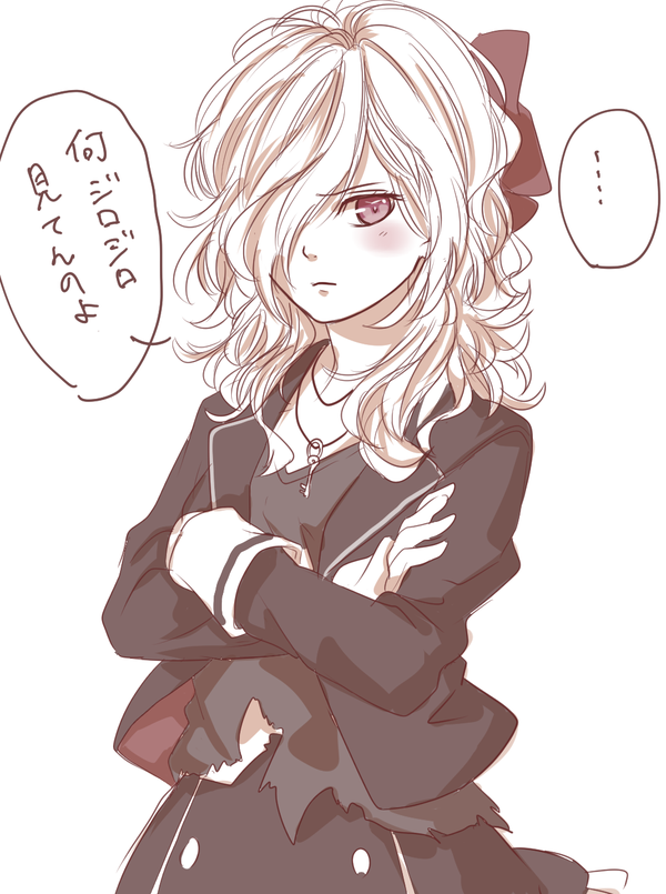 1girl, blush, crossed_arms, curly_hair, diabolik_lovers, female, genderswap, hair_over_one_eye, hair_ribbon, jacket, jewelry, mayu_syulv, necklace, ribbon, sakamaki_subaru, school_uniform, simple_background, skirt, solo, tsundere, uniform, upper_body, white_background