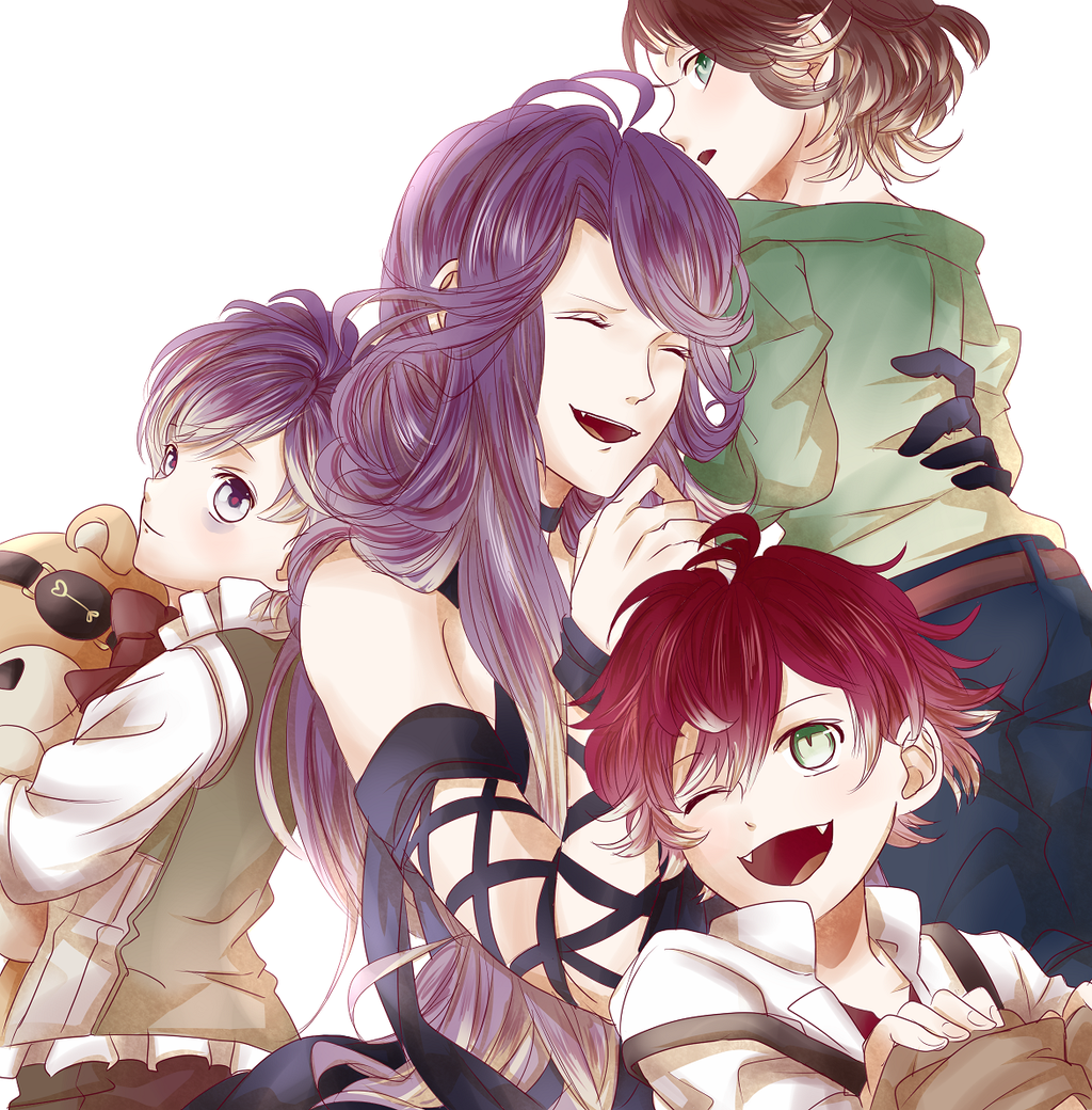1girl, 3boys, age_difference, bags_under_eyes, belt, blush, brown_hair, carrying