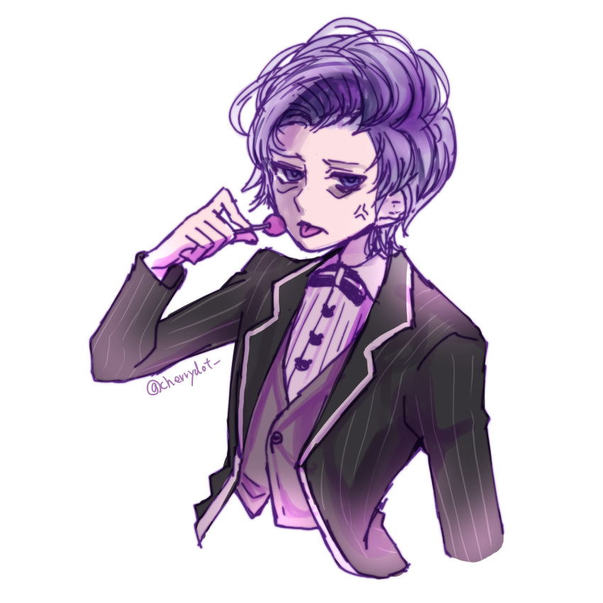 1boy, alternate_hairstyle, anger_vein, bowtie, cherry_dot, diabolik_lovers, formal, half-closed_eyes
