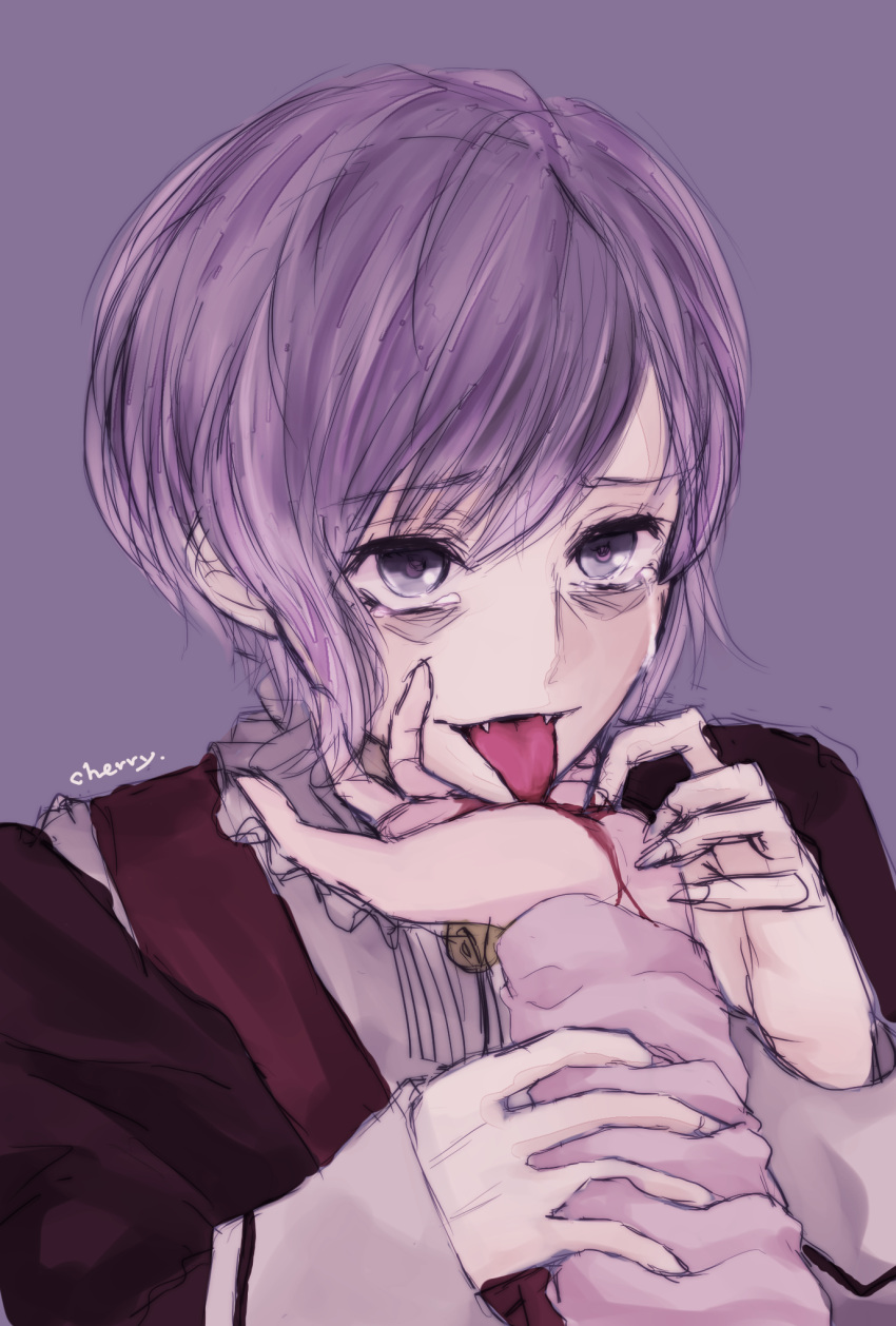 1boy, 1girl, bags_under_eyes, blood, cherry_dot, collared_shirt, crying, diabolik_lovers, fangs, frills, komori_yui, licking, loose_clothes, out_of_frame, purple_background, purple_hair, sakamaki_kanato, school_uniform, sharp_nails, simple_background, smile, solo_focus, tears, tongue, tongue_out, uniform, upper_body, vampire, violet_eyes