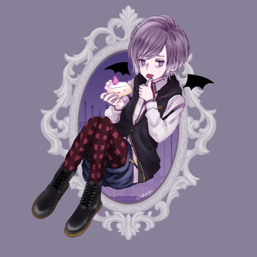 1boy, ankle_boots, bags_under_eyes, bat_wings, boots, cake, cherry_dot, collared_shirt