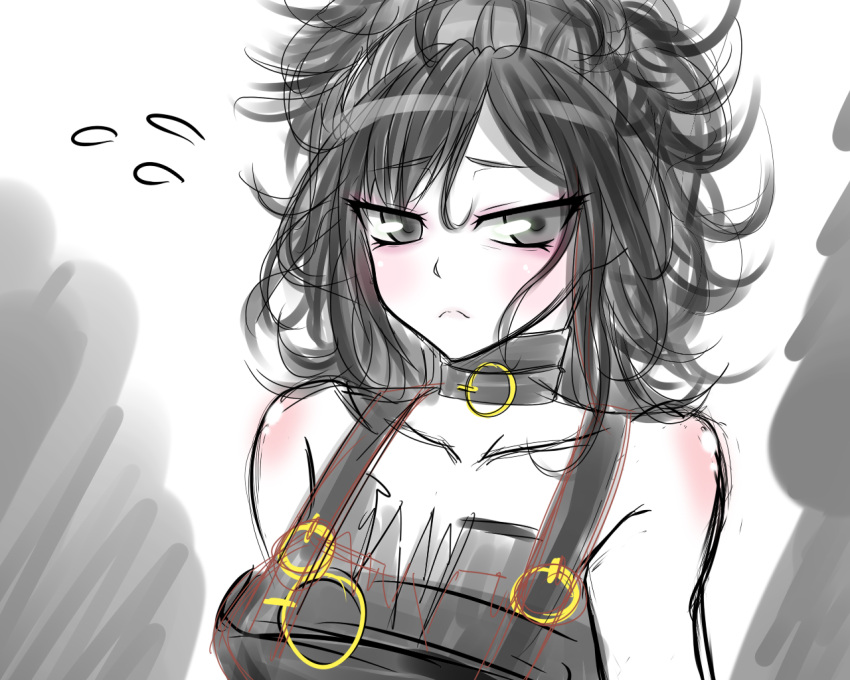 1girl, black_hair, blush, choker, edward_scissorhands, female, genderswap, gothic