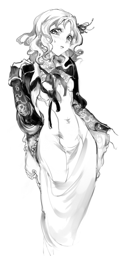 1girl, blush, breasts, collared_shirt, covered_navel, curly_hair, diabolik_lovers, dress