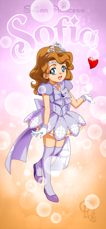 1girl, bishoujo_senshi_sailor_moon, blue_eyes, brooch, brown_hair, circlet, cosplay, disney, drachea_rannak, dress, full_body, gloves, heart, jewelry, open_mouth, parody, purple_dress, ribbon, sailor_collar, sailor_senshi, sailor_senshi_(cosplay), short_dress, smile, sofia_(disney), sofia_the_first, solo, thigh-highs, tiara, watermark, white_gloves