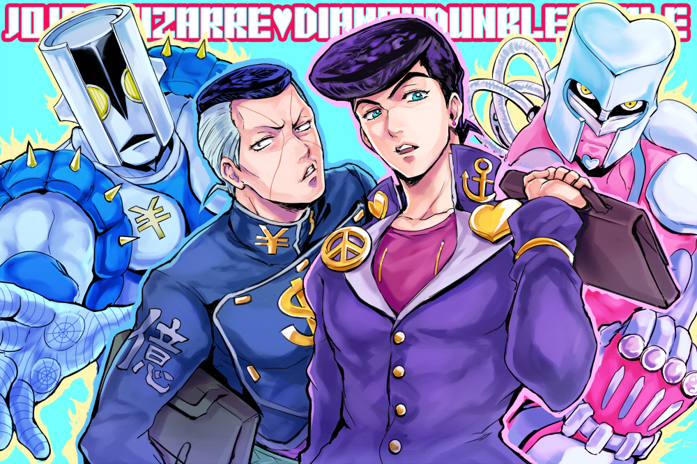 2boys, anchor_symbol, aqua_eyes, bag, blue_hair, bookbag, chikimai, crazy_diamond