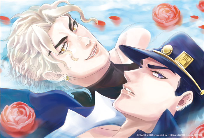 2boys, blonde_hair, blue_hair, chikimai, coat, dio_brando, earrings, eyebrows