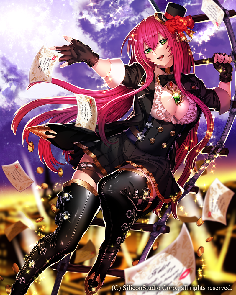 1girl, :d, black_gloves, boots, bow, bowtie, breasts, cleavage