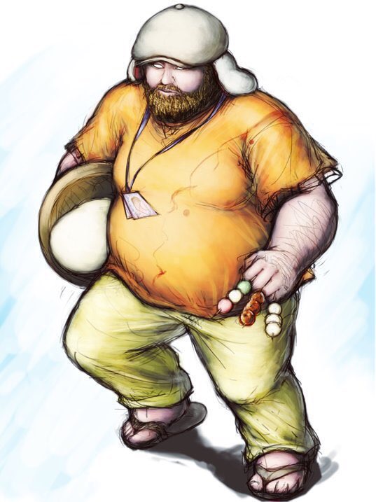 1boy, american_ringo, animal_ears, arm_hair, beard, dango, facial_hair, fat