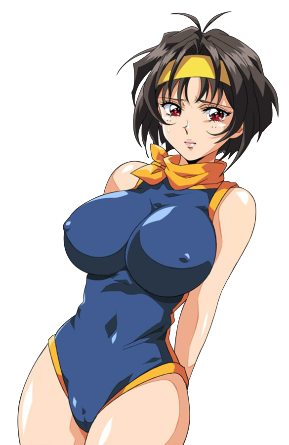 1girl, arms_behind_back, breasts, brown_hair, cowboy_shot, engawa_suguru, erect_nipples, erondon_hearts