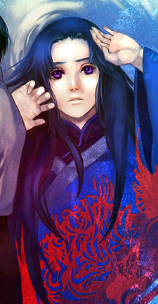 1girl, bangs, blue_hair, chinese_clothes, floral_print, flower, juuni_kokuki, kamemushi, long_hair, looking_at_viewer, pale_skin, parted_bangs, shoukei_(juuni_kokuki), solo, spider_lily, traditional_clothes, upper_body, violet_eyes, water