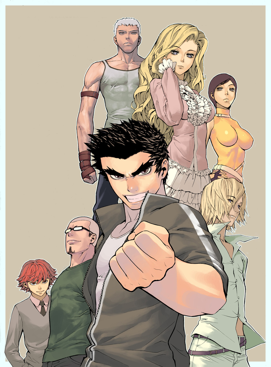 adjusting_hair, armband, belt, black_hair, blonde_hair, blue_eyes, clenched_hand, facial_hair